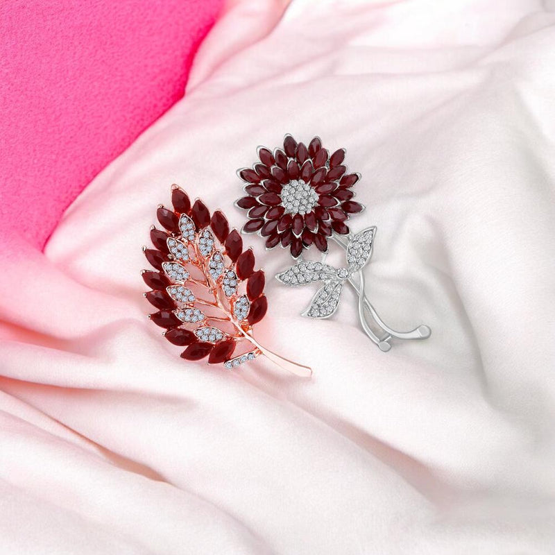 Mahi Combo of Leaf and Sunflower Shape Crystal Studed Wedding Brooch / Lapel Pin for Women (CO1105748M)