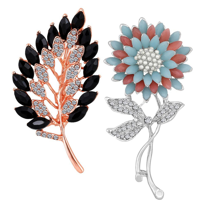 Mahi Combo of Leaf and Sunflower Shape Crystal Studed Wedding Brooch / Lapel Pin for Women (CO1105751M)