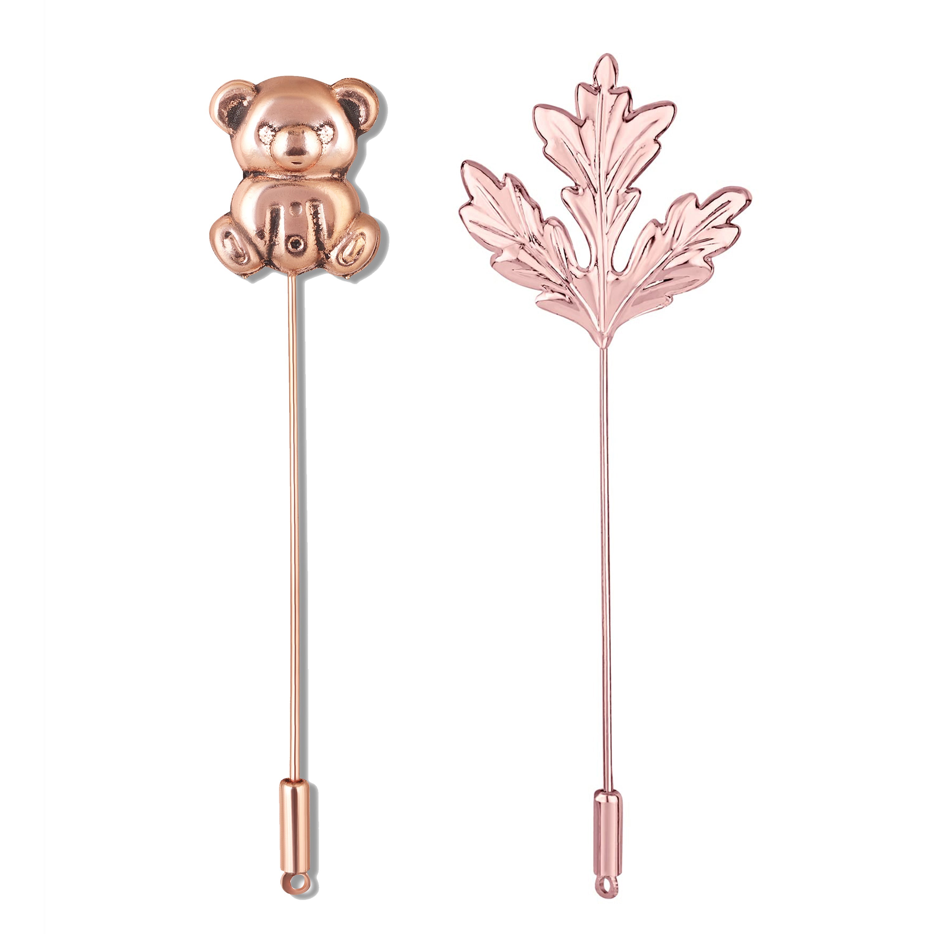 Mahi Combo of Rose Gold Plated Teddy Bear & Leaf Stick Lapel Pin Wedding Brooch Set for Men (CO1105865Z)