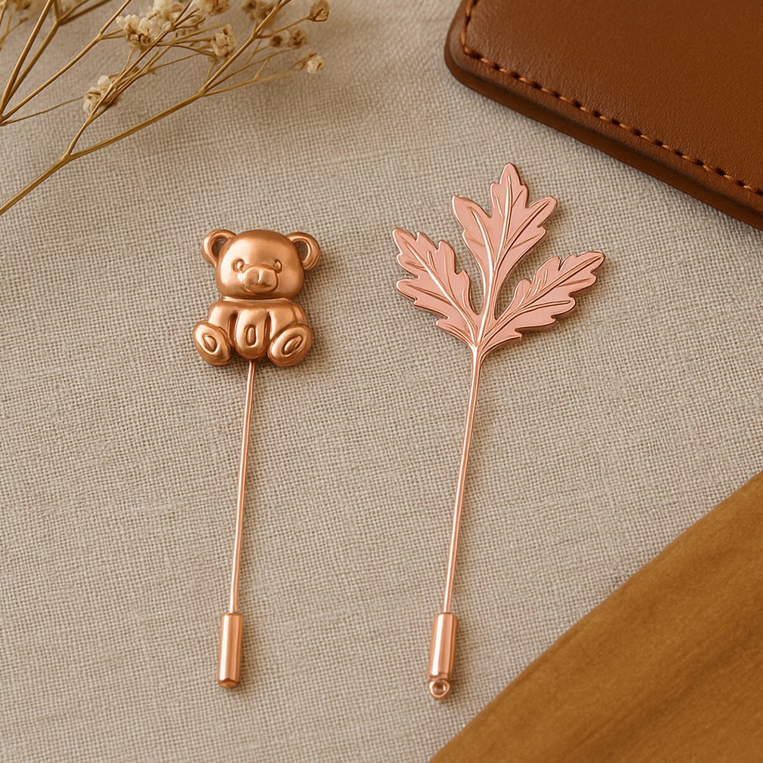 Mahi Combo of Rose Gold Plated Teddy Bear & Leaf Stick Lapel Pin Wedding Brooch Set for Men (CO1105865Z)