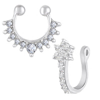 Mahi Adjustable Non-Piercing Nose Rings Set | Silver-Tone Clip-On Nose Hoop & Sparkling Crystals Flower and Septum Nose Cuff (CO1105869R)