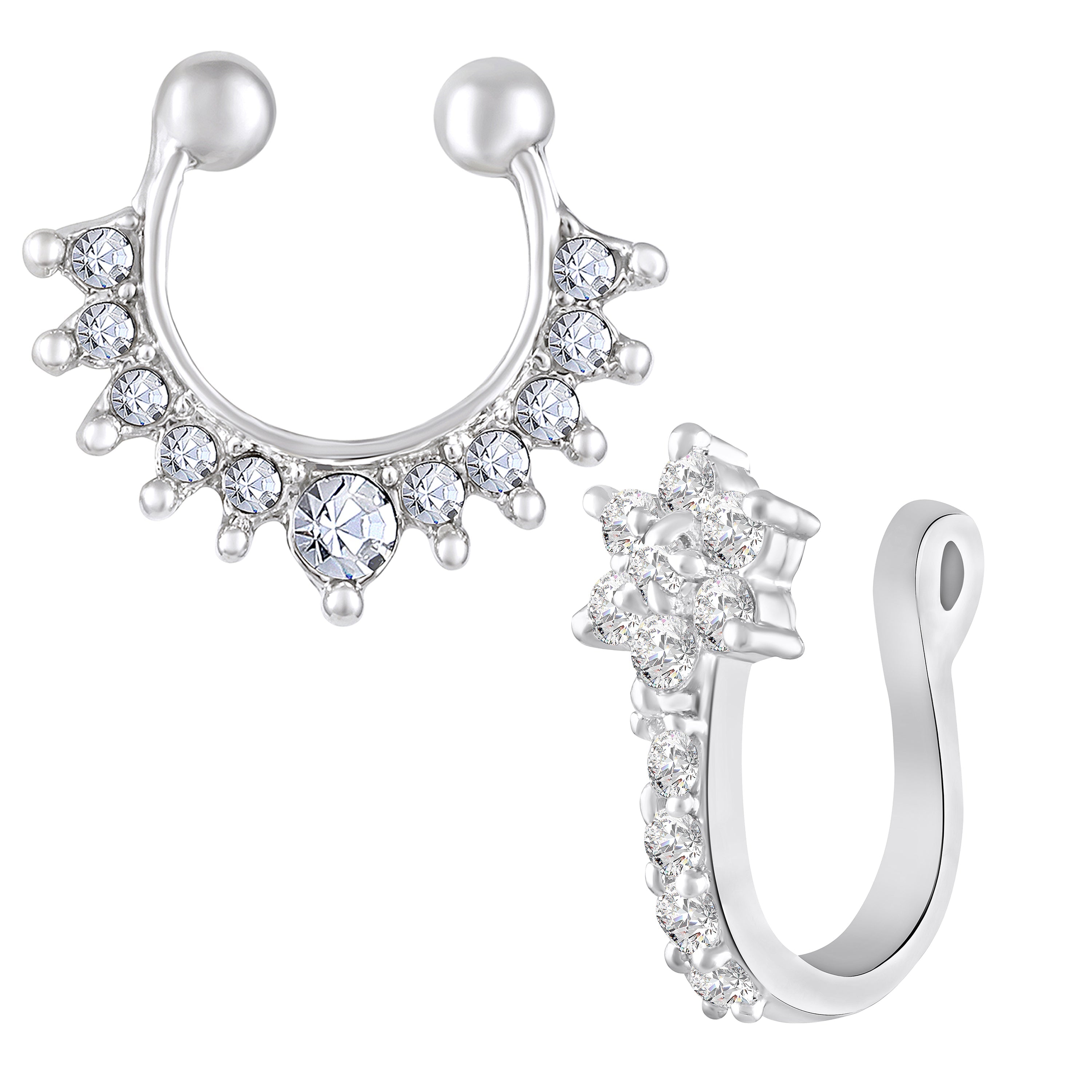 Mahi Adjustable Non-Piercing Nose Rings Set | Silver-Tone Clip-On Nose Hoop & Sparkling Crystals Flower and Septum Nose Cuff (CO1105869R)