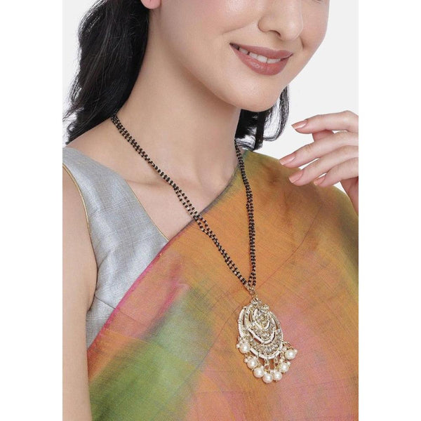 Etnico Gold Plated Traditional Pearl Kundan Studded Pendant with Black Bead Chain Mangalsutra for Women (D087W)