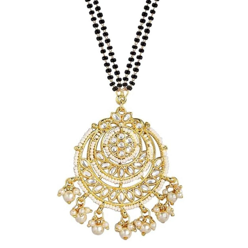 Etnico Gold Plated Traditional Pearl Kundan Studded Pendant with Black Bead Chain Mangalsutra for Women (D087W)