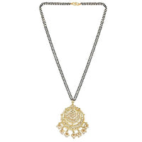 Etnico Gold Plated Traditional Pearl Kundan Studded Pendant with Black Bead Chain Mangalsutra for Women (D087W)