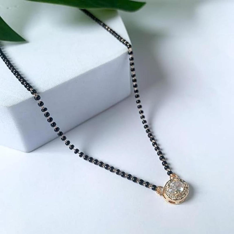 Etnico Rose Gold Plated Traditional Single Line American Diamond Pendant With Black Bead Chain Mangalsutra for Women (Oval)