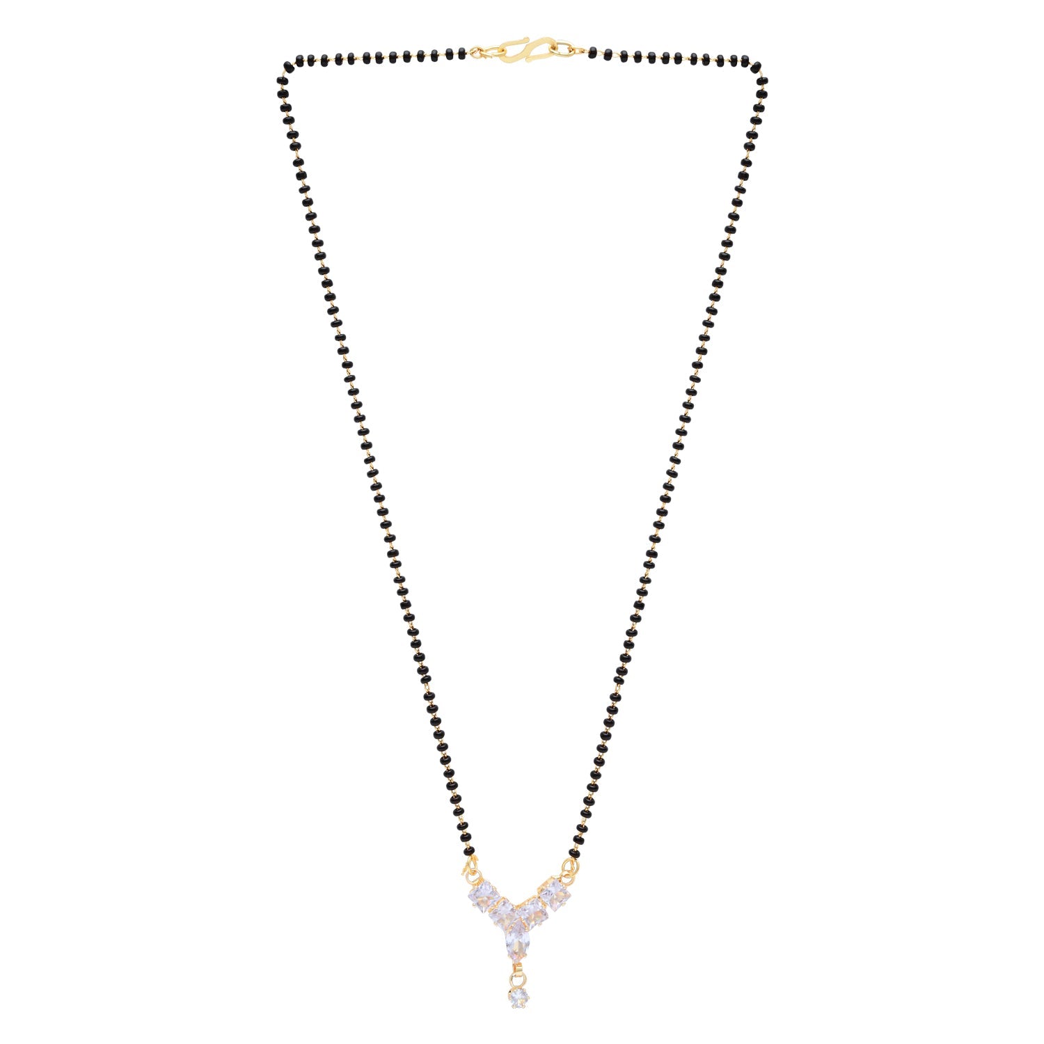 Etnico Gold Plated Single Line CZ Diamond Pendant with Black Bead Long Chain Mangalsutra for Women