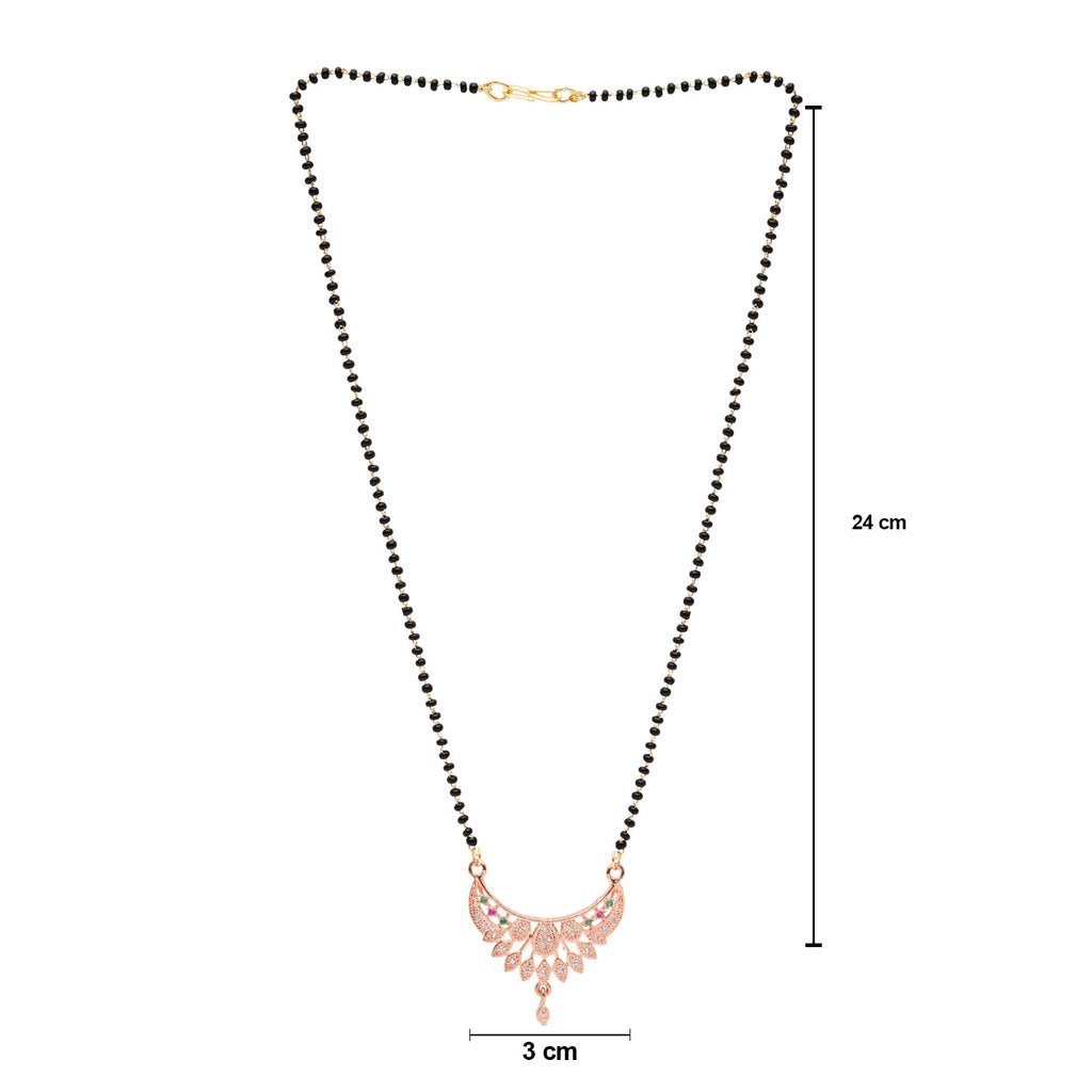Etnico Rose Gold Plated Traditional Single Line CZ American Diamond Pendant with Black Bead Long Chain Mangalsutra for Women