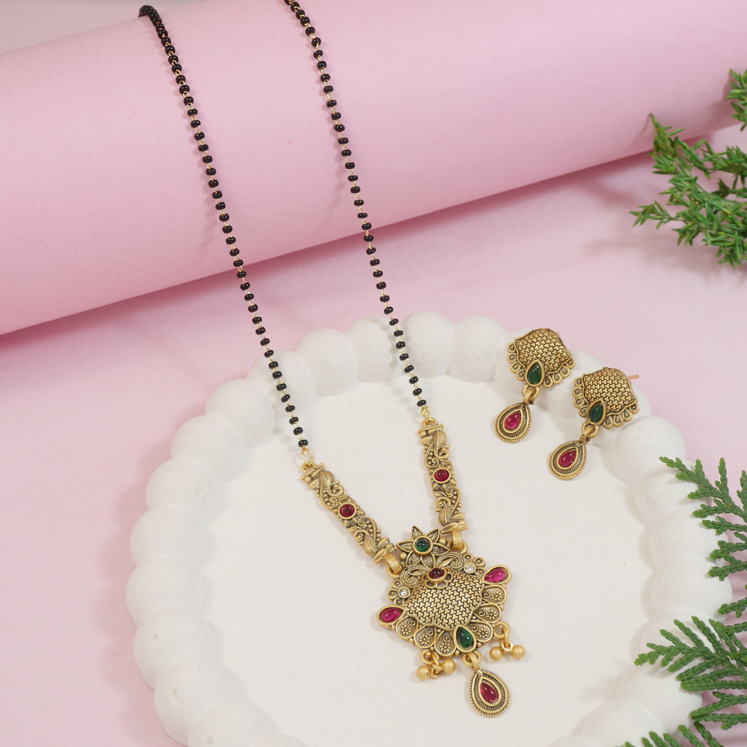 Etnico Gold Plated Traditional Pendant & Black Bead Chain Mangalsutra With Earrings For Women