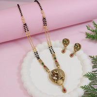 Etnico Gold Plated Traditional Studded Pendant & Black Bead Chain Mangalsutra With Earrings For Women