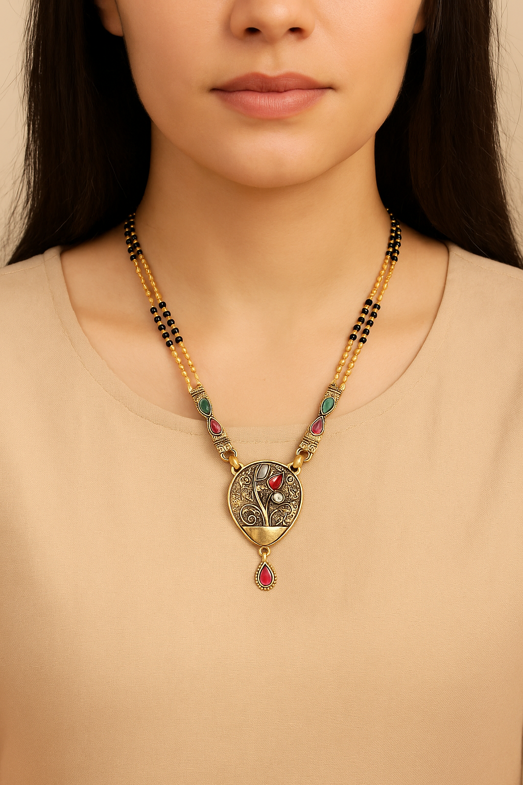 Etnico Gold Plated Traditional Studded Pendant & Black Bead Chain Mangalsutra With Earrings For Women