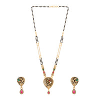 Etnico Gold Plated Traditional Studded Pendant & Black Bead Chain Mangalsutra With Earrings For Women