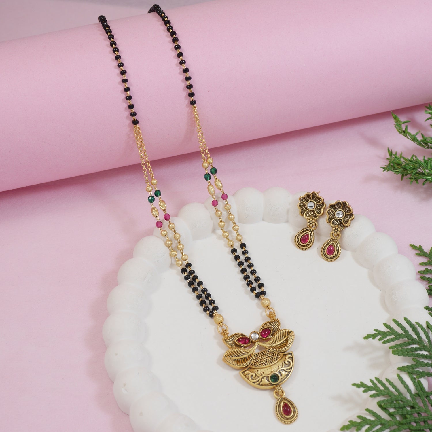 Etnico Gold Plated Traditional Pendant & Black Bead Chain Mangalsutra With Earrings For Women