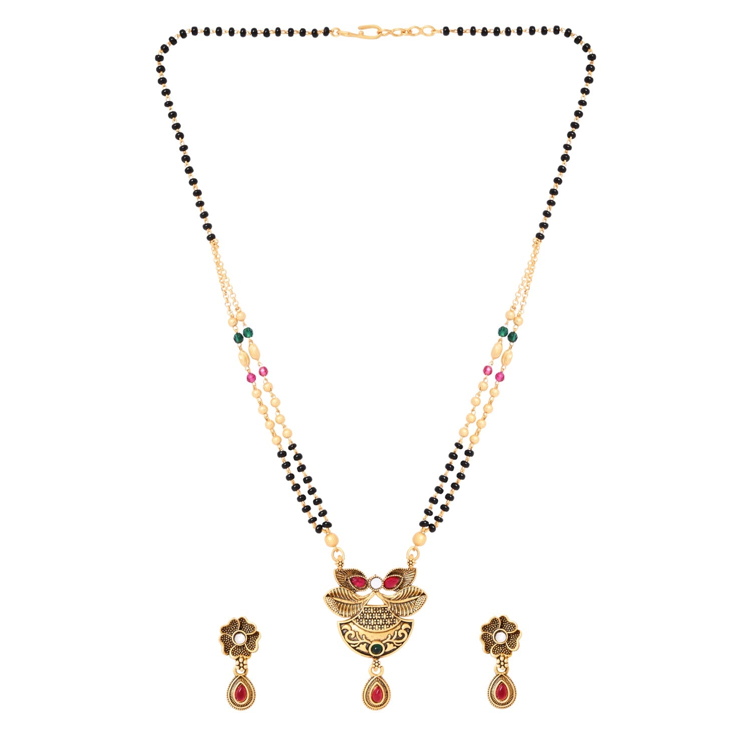 Etnico Gold Plated Traditional Pendant & Black Bead Chain Mangalsutra With Earrings For Women