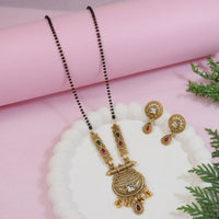 Etnico Gold Plated Traditional Studded Pendant & Black Bead Chain Mangalsutra With Earrings For Women