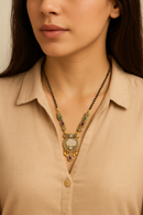 Etnico Gold Plated Traditional Studded Pendant & Black Bead Chain Mangalsutra With Earrings For Women