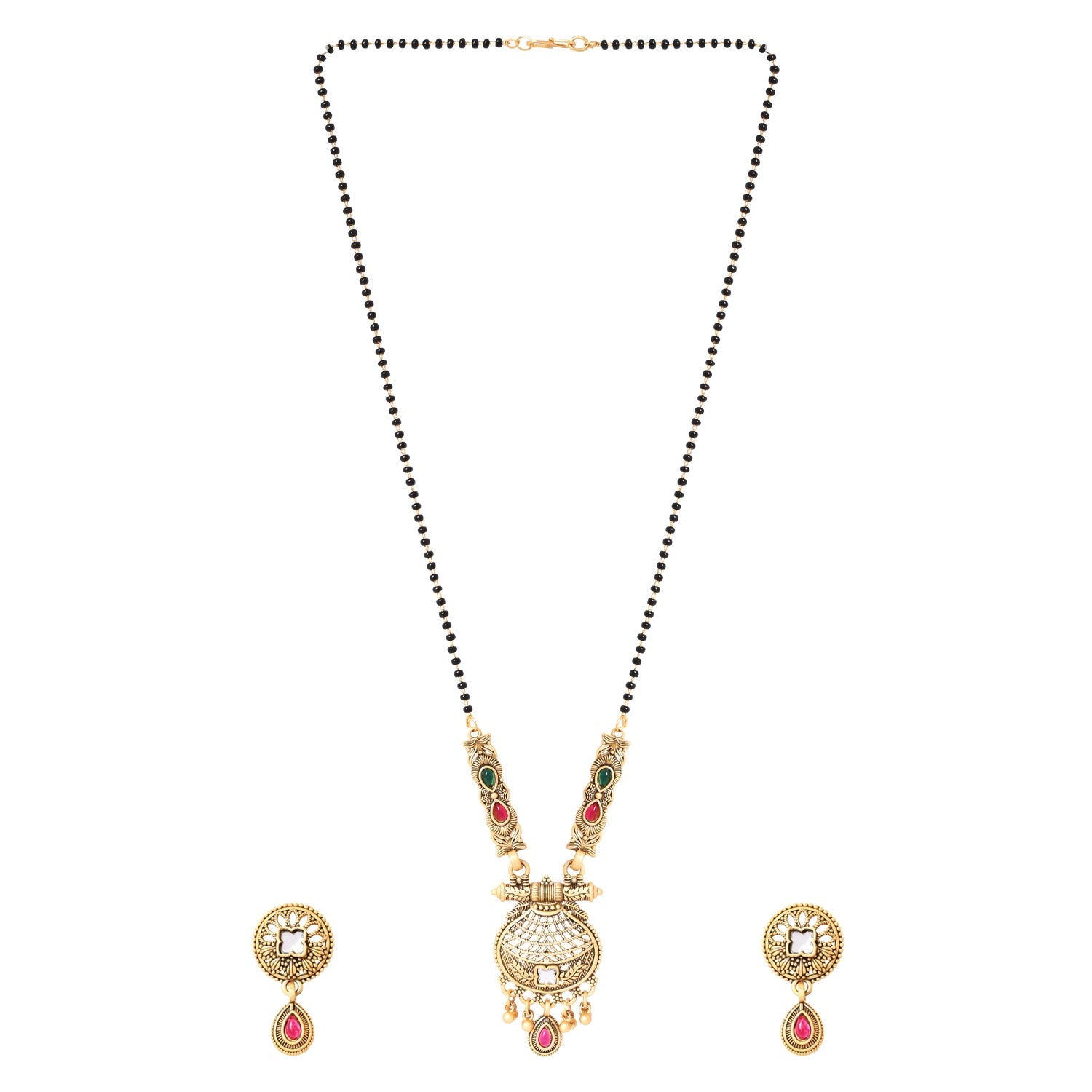 Etnico Gold Plated Traditional Studded Pendant & Black Bead Chain Mangalsutra With Earrings For Women