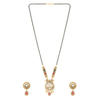 Etnico Gold Plated Traditional Studded Pendant & Black Bead Chain Mangalsutra With Earrings For Women