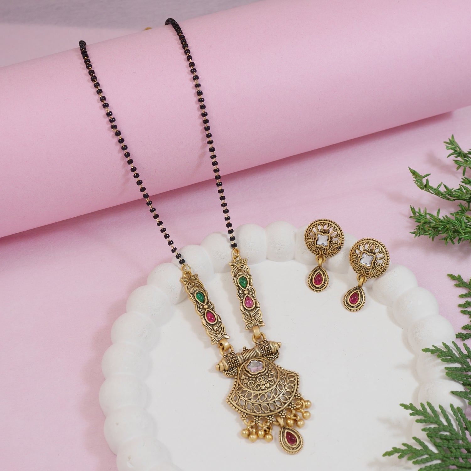 Etnico Gold Plated Traditional Pendant & Black Bead Chain Mangalsutra With Earrings For Women