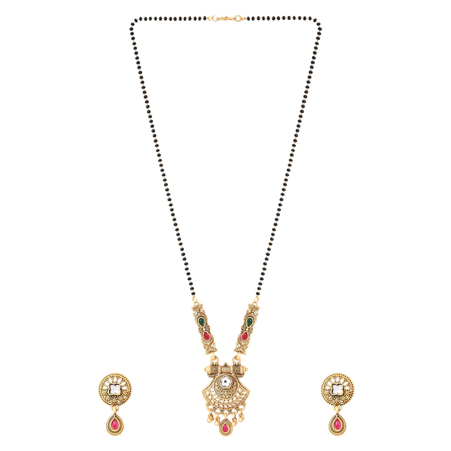 Etnico Gold Plated Traditional Pendant & Black Bead Chain Mangalsutra With Earrings For Women