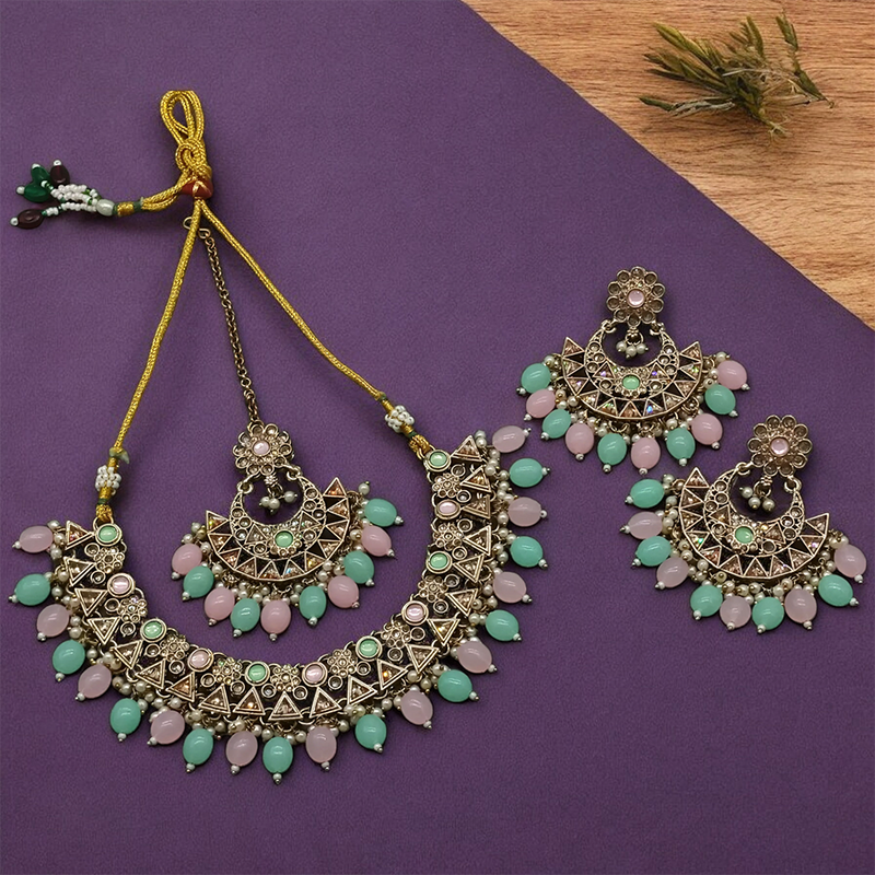 Gehana Mahal Gold Plated Crystal Stone Pearl And Beads Necklace Set