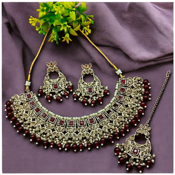 Gehana Mahal Gold Plated Crystal Stone Pearl And Beads Necklace Set