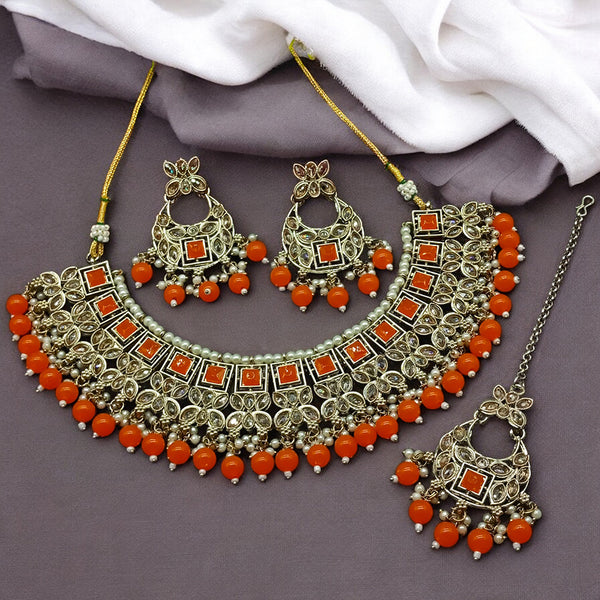 Gehana Mahal Gold Plated Crystal Stone Pearl And Beads Necklace Set