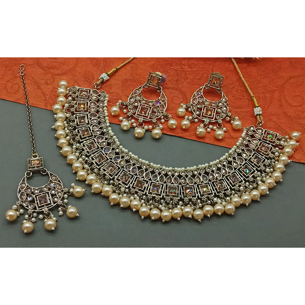 Gehana Mahal Gold Plated Crystal Stone Pearl And Beads Necklace Set