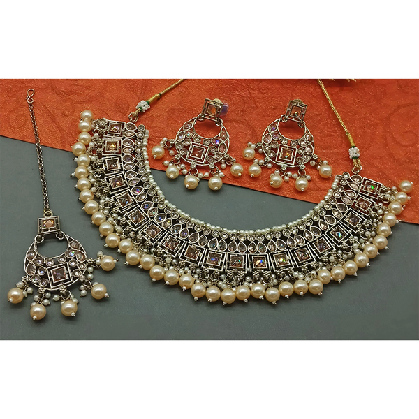 Gehana Mahal Gold Plated Crystal Stone Pearl And Beads Necklace Set