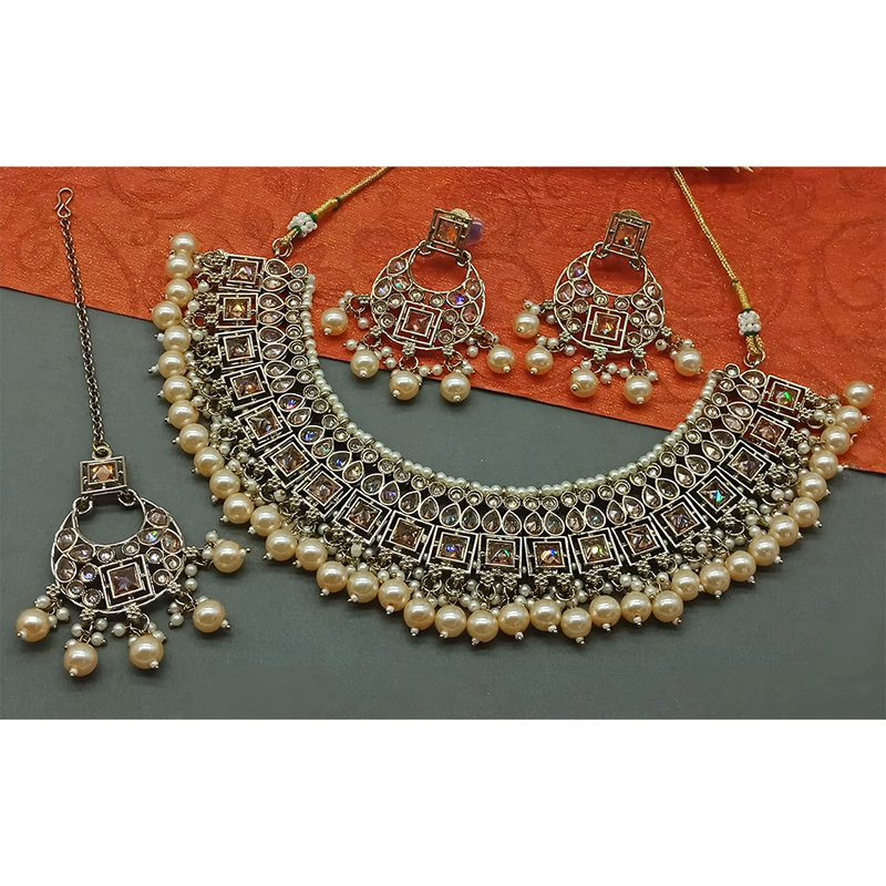 Gehana Mahal Gold Plated Crystal Stone Pearl And Beads Necklace Set