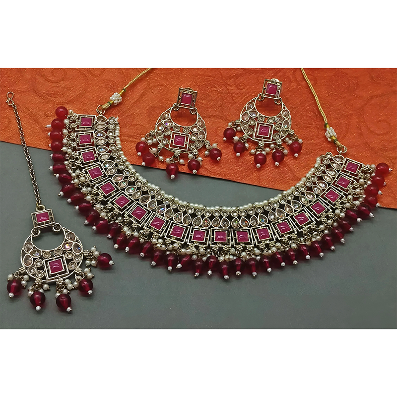 Gehana Mahal Gold Plated Crystal Stone Pearl And Beads Necklace Set