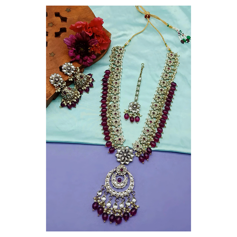 Gehana Mahal Kundan Stone And Meenakari Pearls Long Necklace Set