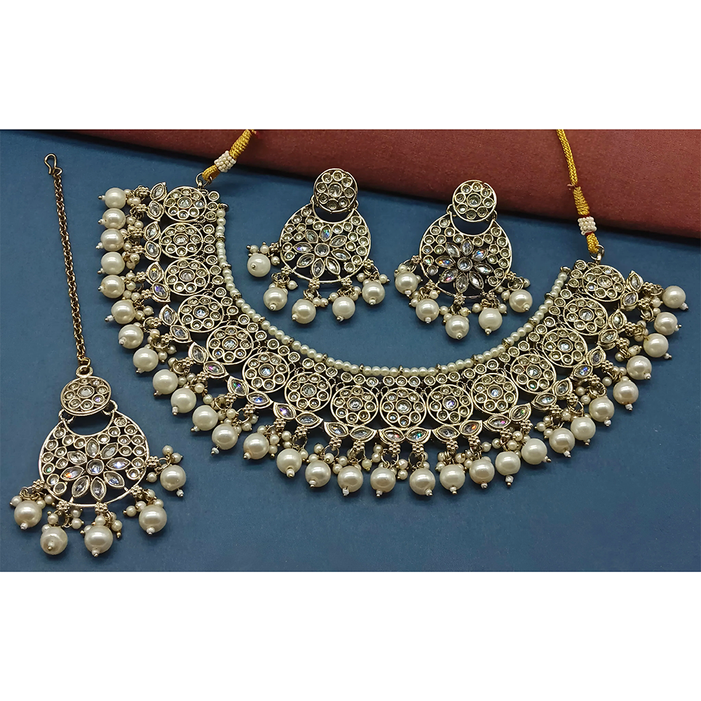 Gehana Mahal Gold Plated Crystal Stone Pearl And Beads Necklace Set