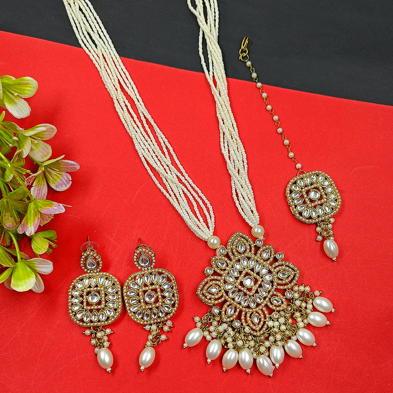 Gehana Mahal Gold Plated Kundan Stone And Pearls Long Necklace Set