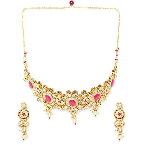 Rasmm Creations Gold Plated Mint Meena And Kundan With Ruby Pota Necklace Set