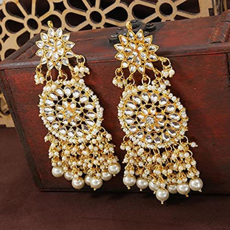 Etnico Gold Plated Intricately Designed Traditional Statement Drop Earrings Glided With Kundans & Pearls (E2883W)