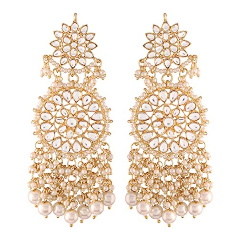 Etnico Gold Plated Intricately Designed Traditional Statement Drop Earrings Glided With Kundans & Pearls (E2883W)