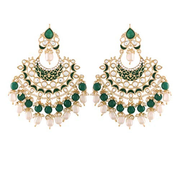 Etnico Gold Plated Intricately Designed Traditional Earrings Red Enamel Glided With Kundans & Pearls (E2900G)