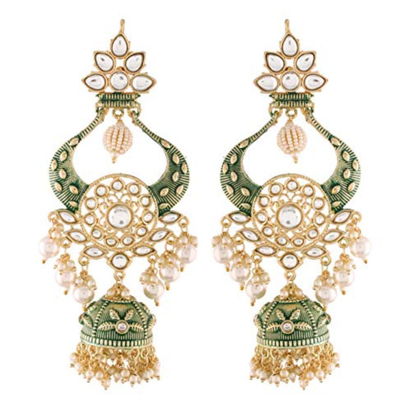 Etnico 18K Gold Plated Intricately Designed Traditional Green Enamel Glided With Kundans & Pearls Jumka Earrings For Women (E2902G)