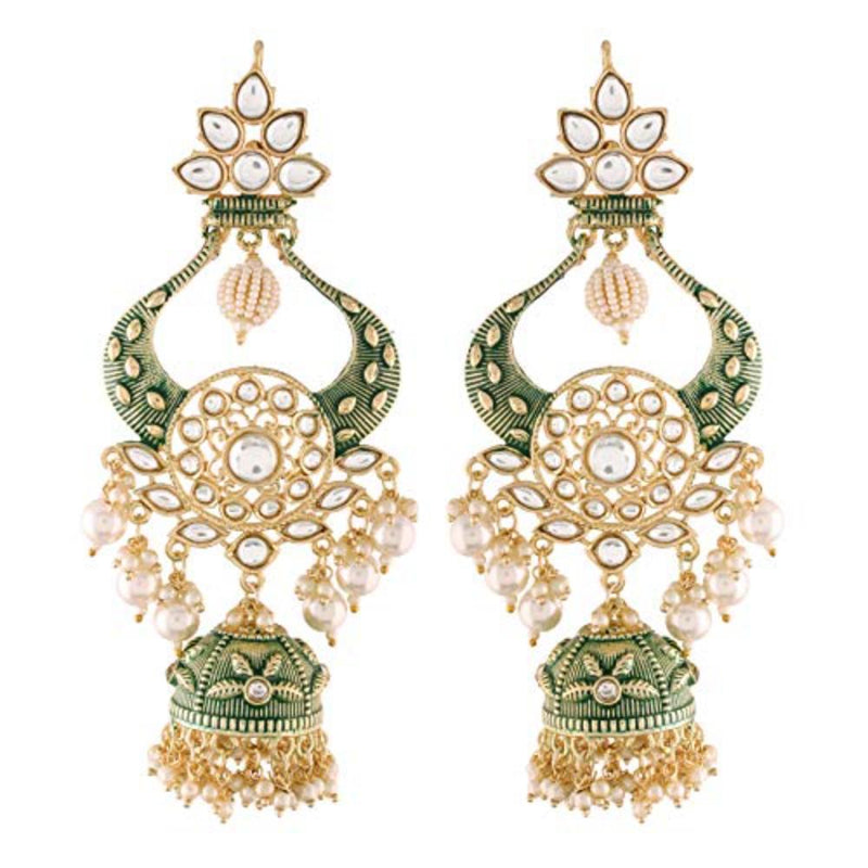 Etnico 18K Gold Plated Intricately Designed Traditional Green Enamel Glided With Kundans & Pearls Jumka Earrings For Women (E2902G)