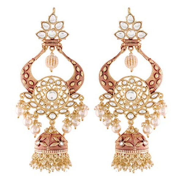 Etnico 18K Gold Plated Intricately Designed Traditional Red Enamel Glided With Kundans & Pearls Jumka Earrings For Women (E2902M)