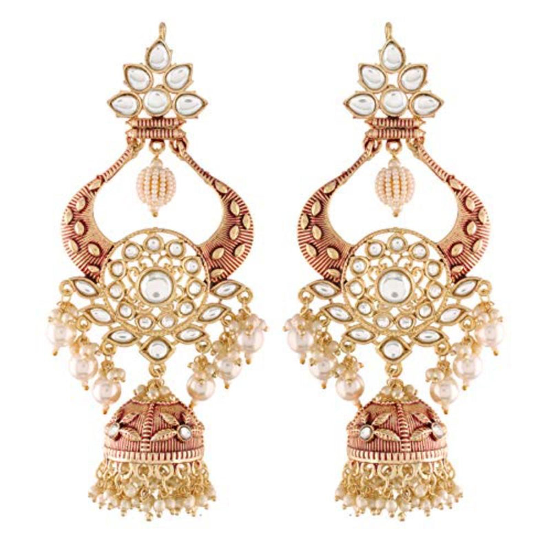 Etnico 18K Gold Plated Intricately Designed Traditional Red Enamel Glided With Kundans & Pearls Jumka Earrings For Women (E2902M)