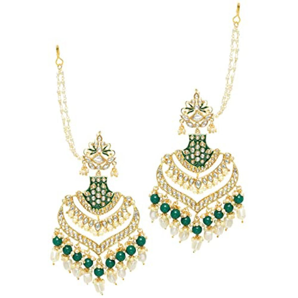 Etnico Women's 18K Gold Plated Intricately Designed Traditional Long Earrings Green Enamel Glided with Kundans & Pearls (E2903G)