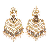 Etnico Women's 18K Gold Plated Intricately Designed Traditional Long Earrings Enamel Glided with Kundans & Pearls (E2903) Grey