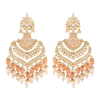 Etnico Women's 18K Gold Plated Intricately Designed Traditional Long Earrings Enamel Glided with Kundans & Pearls (E2903) Peach