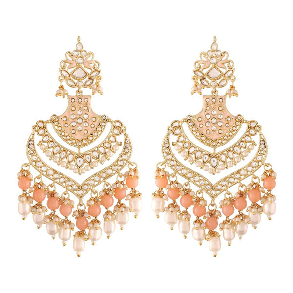 Etnico Women's 18K Gold Plated Intricately Designed Traditional Long Earrings Enamel Glided with Kundans & Pearls (E2903) Peach