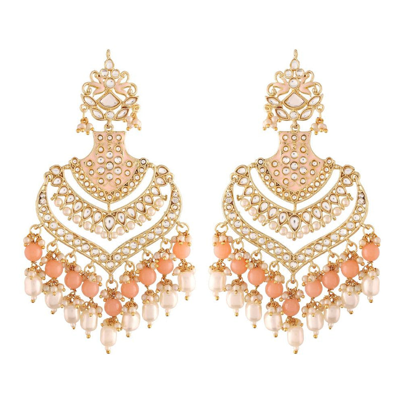 Etnico Women's 18K Gold Plated Intricately Designed Traditional Long Earrings Enamel Glided with Kundans & Pearls (E2903) Peach