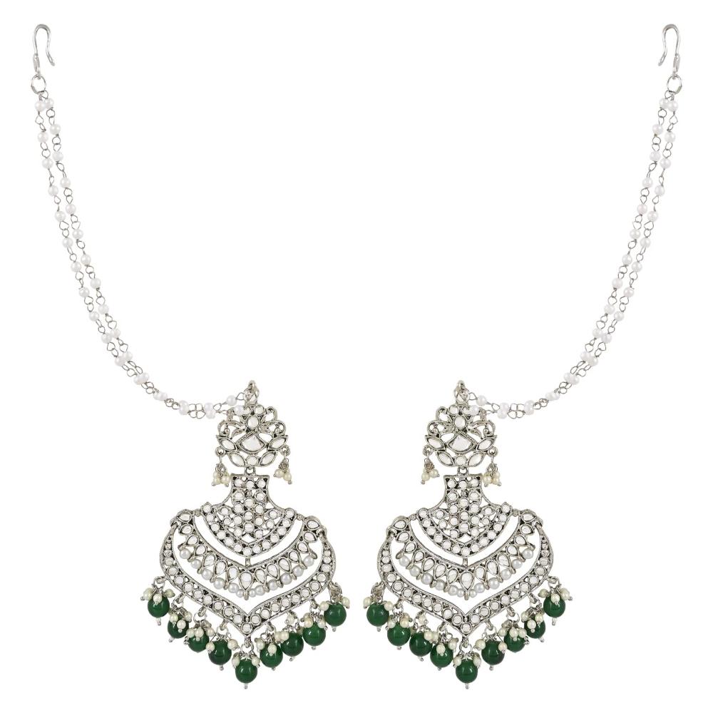 Etnico Ethnic Silver Plated Kundan Meenakari Pearl Hanging With Ear chain earrings for women/Girls (E2903ZG)