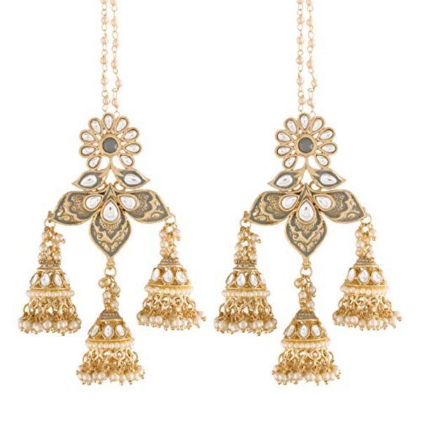 Etnico 18K Gold Plated Intricately Designed Traditional with Detachable Hair Chain Encased With Kundans & Pearls Jumka Earrings For Women (E2904Gr)