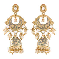 Etnico 18K Gold Plated Intricately Designed Traditional Grey Enamel Glided With Kundans & Pearls Jhumki Earrings For Women (E2905Gr)